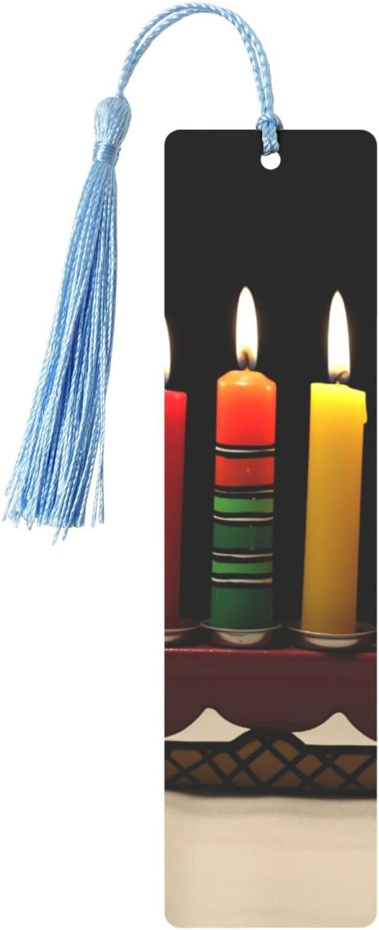 Kwanzaa Candles Metal Bookmarks Handmade Double-Sided Printed Book Marks Page Markers with Sky Blue Tassels Book Accessories Gift for Book Lovers Women Men