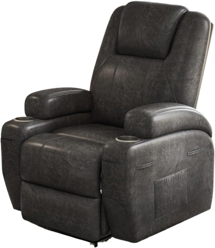 Recliner Single Sofa with Massage Cup Holders Side Pockets and Remote Control Dark Gray Electric Power Lift Recliner for Living Room Bedroom Chair