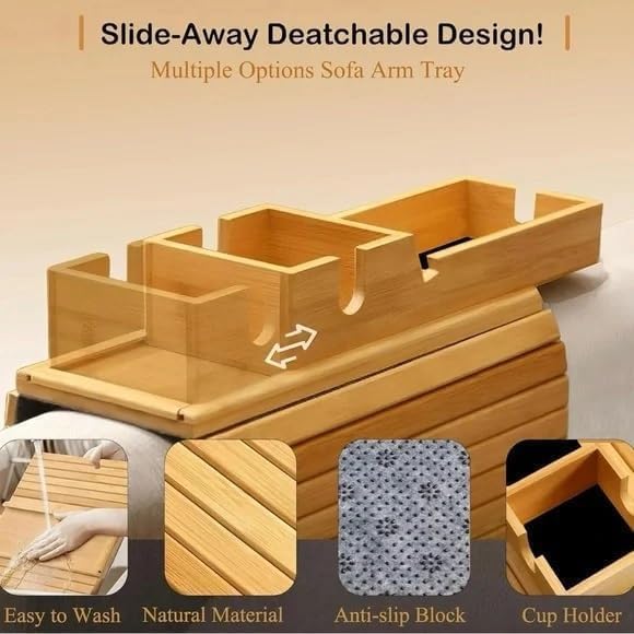 Bamboo Sofa Armrest Tray -with Detachable Cup Holder, Fits Arms up to 6 Inches Wide - Foldable Non-Slip Bamboo Sofa Arm Tray Table for Remote, Cell-Phone & Drinks, Snacks – Space-Saving, 17.7"x12.8"