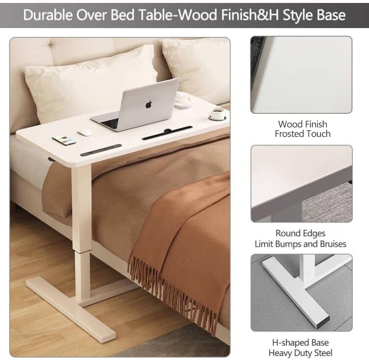 Overbed Table,Hospital Bed Table,Pneumatic Bedside Table Adjustable Over The Bed with Hidden Wheels&USB,Mobile Laptop Cart&Rolling Tray Table Hospital Home Use-White1