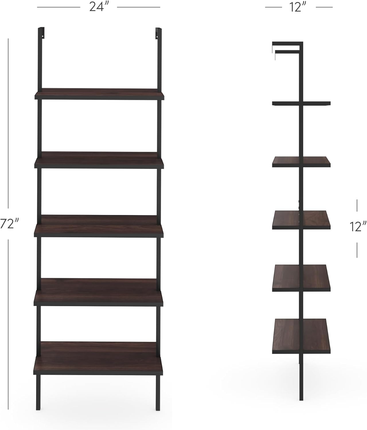 Nathan James Theo 5-Shelf Wood Modern Bookcase, Open Wall Mount Ladder Bookshelf with Industrial Metal Frame, Brown Walnut/Black
