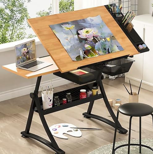Drawing Tilting Tablet,(Wooden Drawing Desk with Stool Art Craft Table, Adjustable Height(26.8"-35.8"), 80° Tiltable, Drafting Workstation for Artwork, Graphic Design, Writing (MDF))