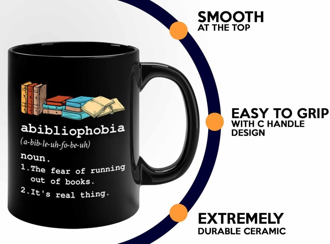 Reading Coffee Mug 11oz Black - Abibliophobia Definition - Reader Gift Bookworm Owl Lover Cat Lover Book Lover Novelist Librarian Writer