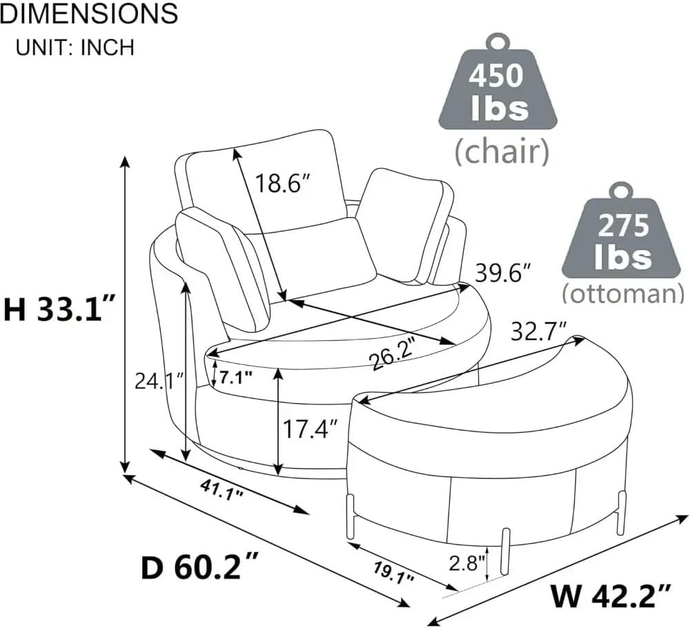 360° Swivel Barrel Chair Large Chaise Lounge Chair Comfy Big Round Cuddle Reading Chair for Living Room with Storage, Footstool