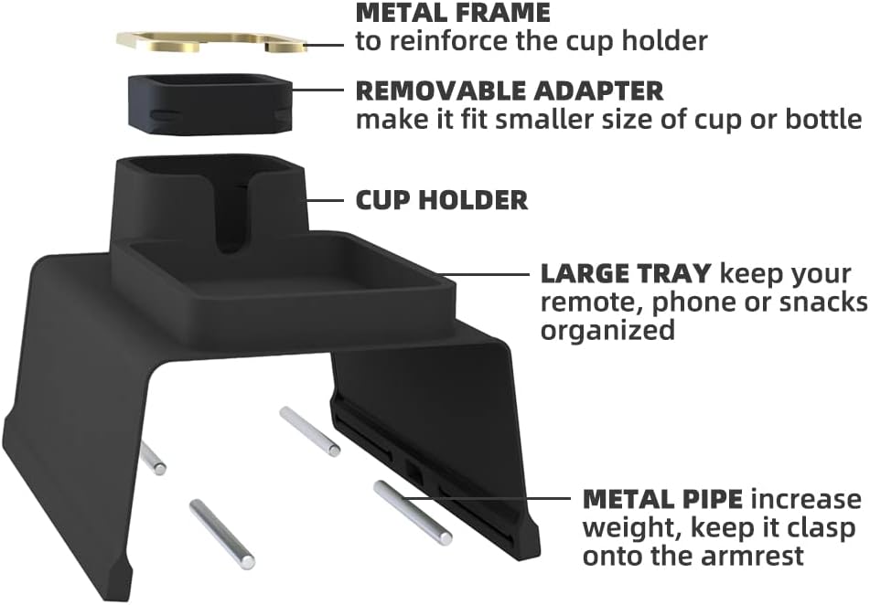 Couch Cup Holder Tray, Elimiko Silicone Anti-Spill and Anti-Slip Couch Drink Holder, Strong and Weighted Phone/Remote/Snacks Sofa Cup Holder (Black)
