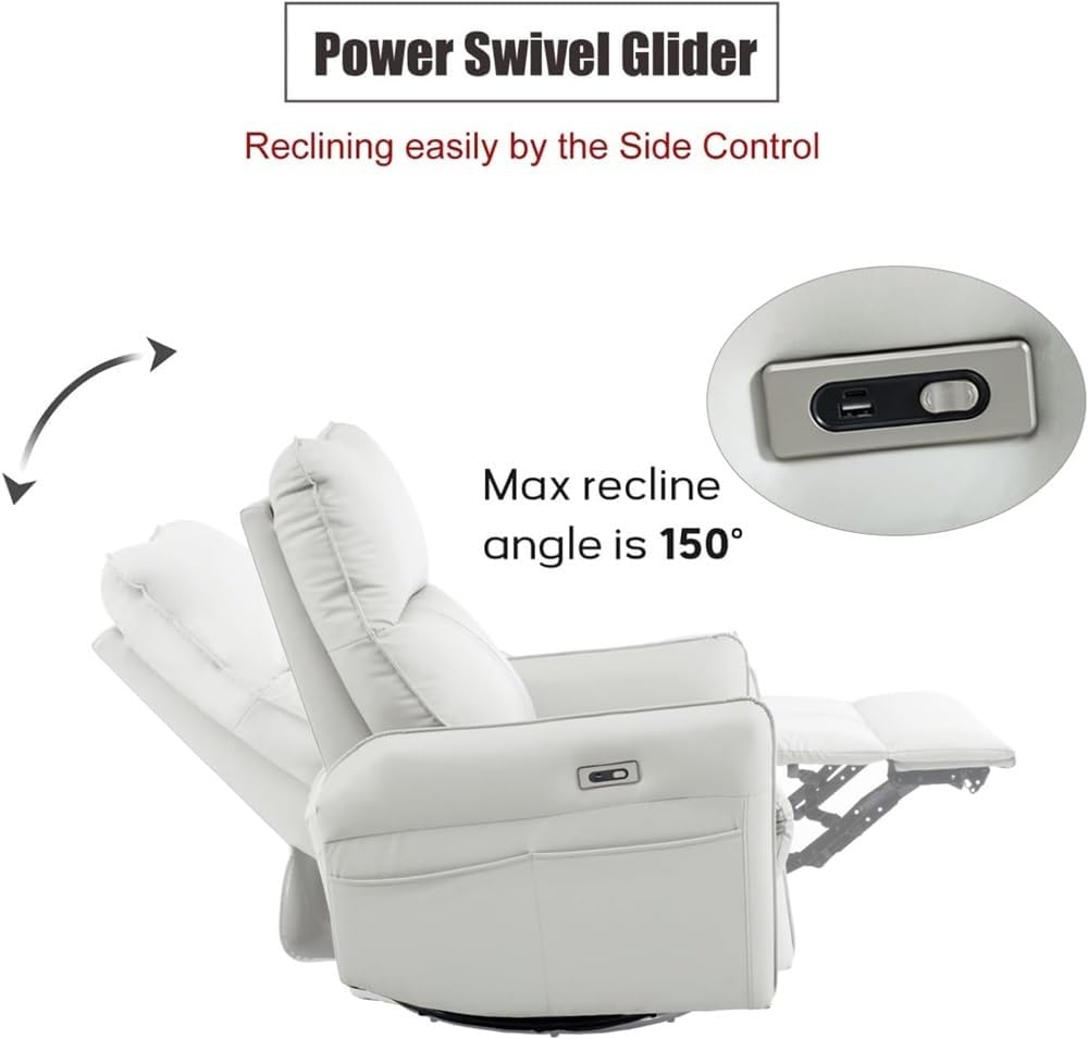 Overstuffed Swivel Rocker Power Recliner Chair with USB Ports, Luxurious Breathable PU Leather Nursery Glider, Modern Electric Single Sofa for Living Room & Bedroom