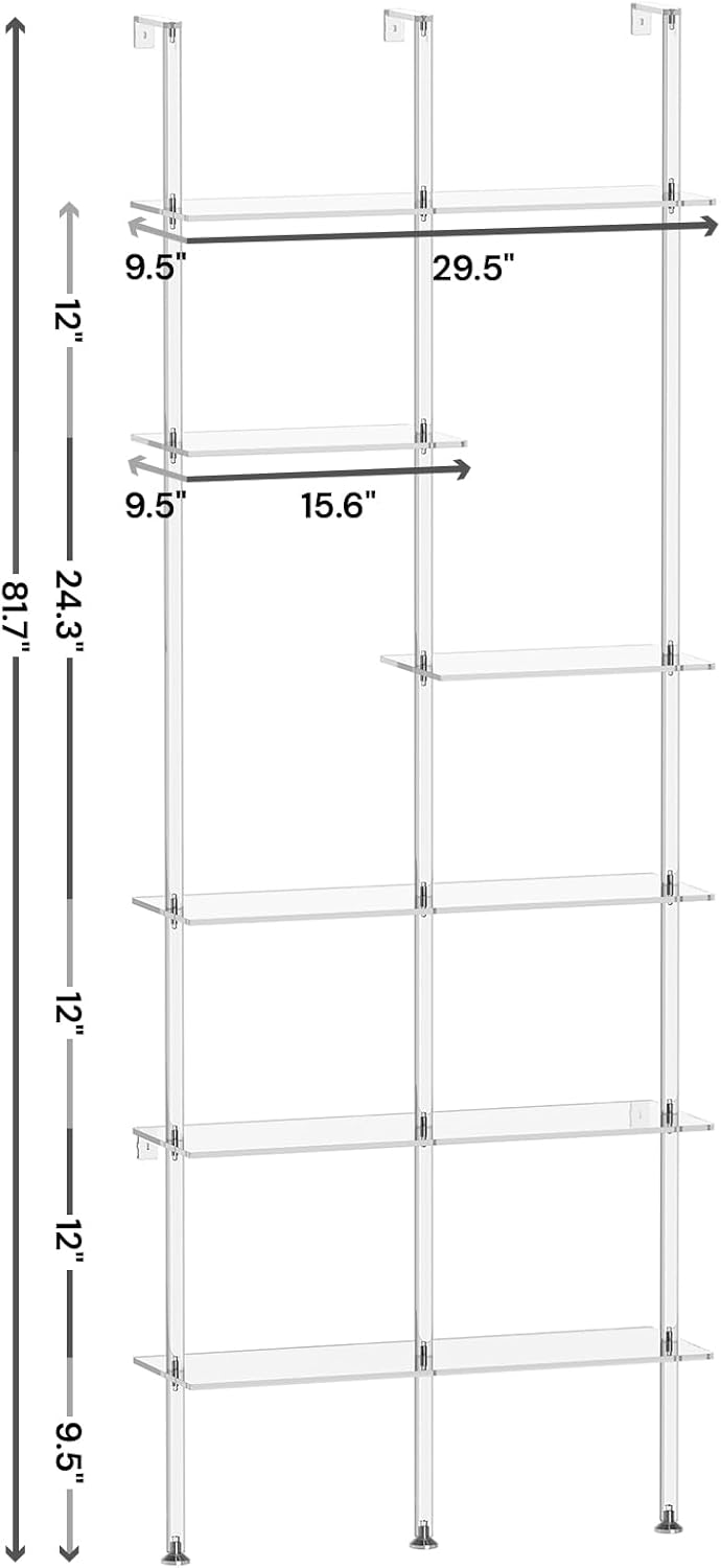 Narrow Acrylic Bookshelf, Wall Mounted, 6-Tier Clear Ladder Bookshelf with Open Shelves, Multipurpose Bookcase for Living Room, Bathroom, Office, Modern, 9.5" D x 29.5" W x 81.7" H