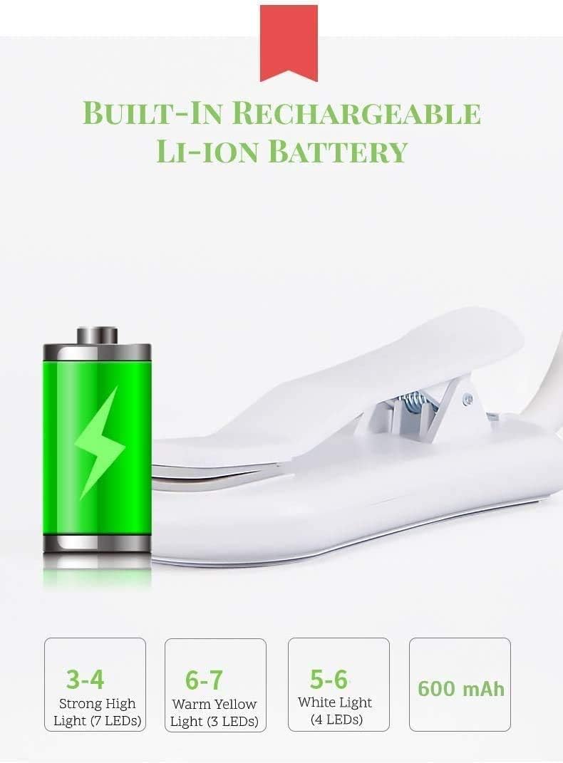 Clip On Book Reading Light for Bed, Clamp On Book Light with 5 LED Eye Care, 3 Color Changeable, Battery Operated USB Rechargeable Bendable Night Book Light Reading Lamps for Bed Study White