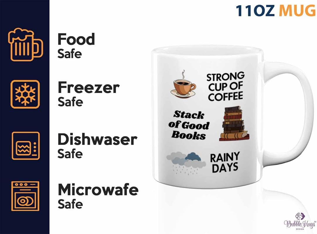 Reading Coffee Mug 11oz White - Coffee Book Rainy Days - Reader Gift Bookworm Owl Lover Cat Lover Book Lover Novelist Librarian Writer