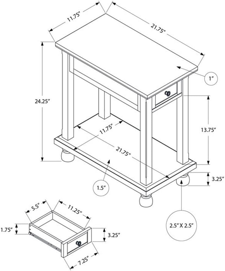 Monarch Specialties I 3967 Accent Table, End, Side Table, Narrow, Nightstand, Storage Drawer, Brown