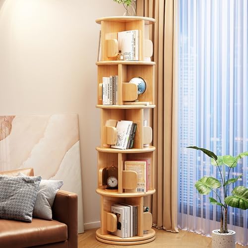 360° Rotating Bookshelf Tower with Bookends - Space-Saving Wood Revolving Bookcase for Small Rooms, Round Display Storage Rack for Bedroom, Living Room, Office