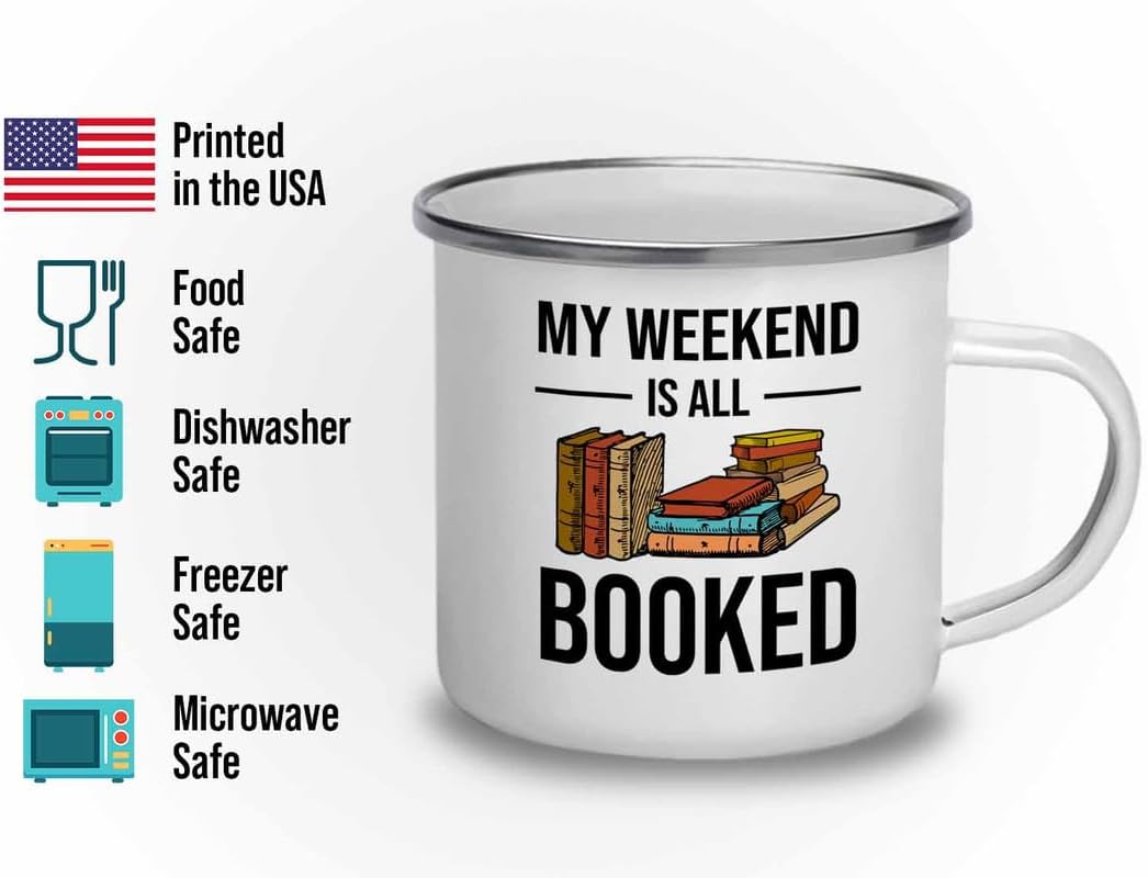 Reading Bookworm Camper Mug 12oz - My Weekend Is All Booked - Reading Reader Book Worm I Know Things Book Addict Book Lover Bookish Novelist Librarian Writer