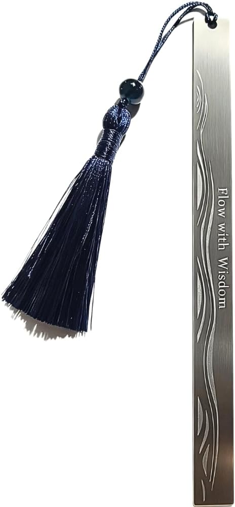 Stainless Steel Bookmark for Men - Flow with Wisdom Gift for Dad Husband and Book Lovers | Laser Engraved Metal Page Holder with Blue Tassel 5.9 Inches
