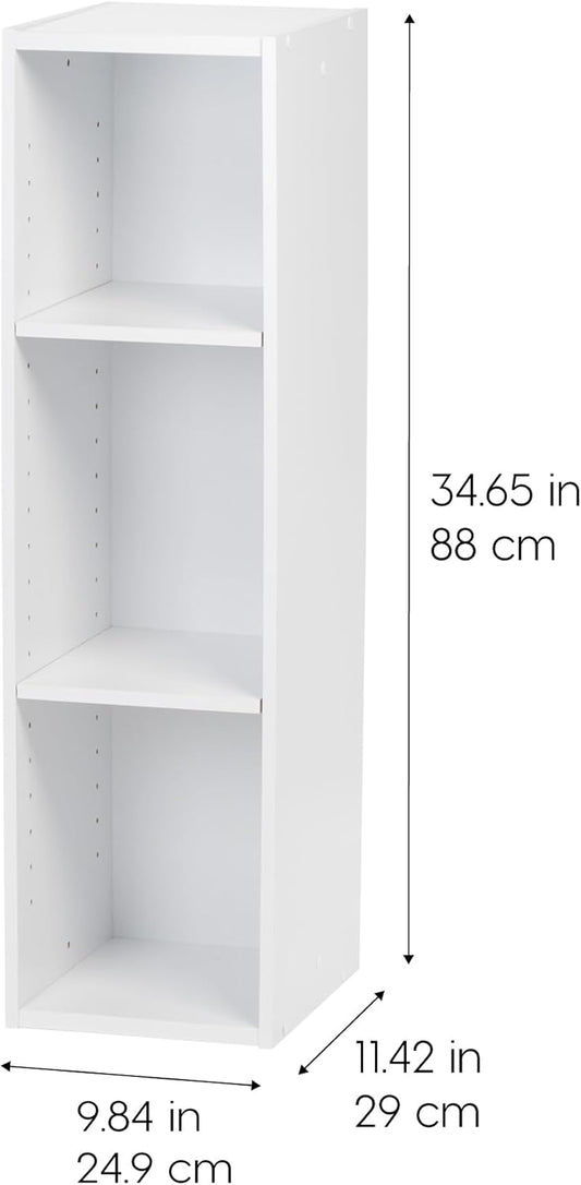 IRIS USA 3-Tier Cubby Storage Bookshelf with Adjustable Shelves, 10" Width Stackable Easy Assembly Space Saving Shelving Unit Decor Bookcase, White