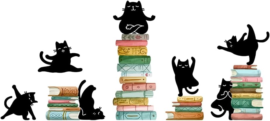 SUPERDANT Reading Theme Wall Decal Yoga Cat Wall Sticker Black Cats on The Books Peel and Stick Art Decoration for Classroom Kid's Library Nursery Wall Decor School Classroom Wall Decor