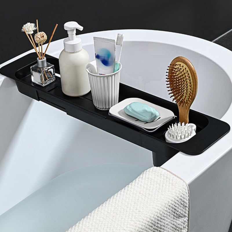 Black Tub Tray for Bathtub Expandable 29.5in Telescopic Bathtub Storage Rack with Wine Cups Holder Anti-Slip Design Multifunction Plastic Serving Tray Bathroom Accessories