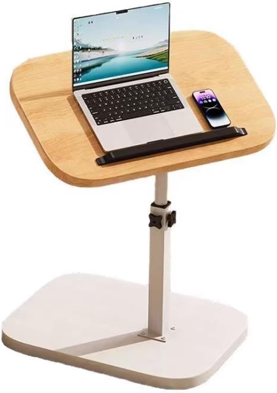 Adjustable C Table End Table, Height Adjustable 360° Swivel TV Tray Table for Small Spaces, Sofa Bedside Laptop Side Table That Slides Under Couch, Living Room & Bedroom (Natural Wood/White)