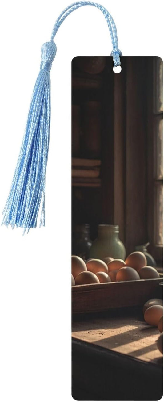 Eggs on The Counter Bookmarks Gifts for Women Men, Wooden Bookmarks for Book Lovers, Vintage Book Marks Ornaments with Tassel, Unique Personalized Reading Page Markers Sky Blue