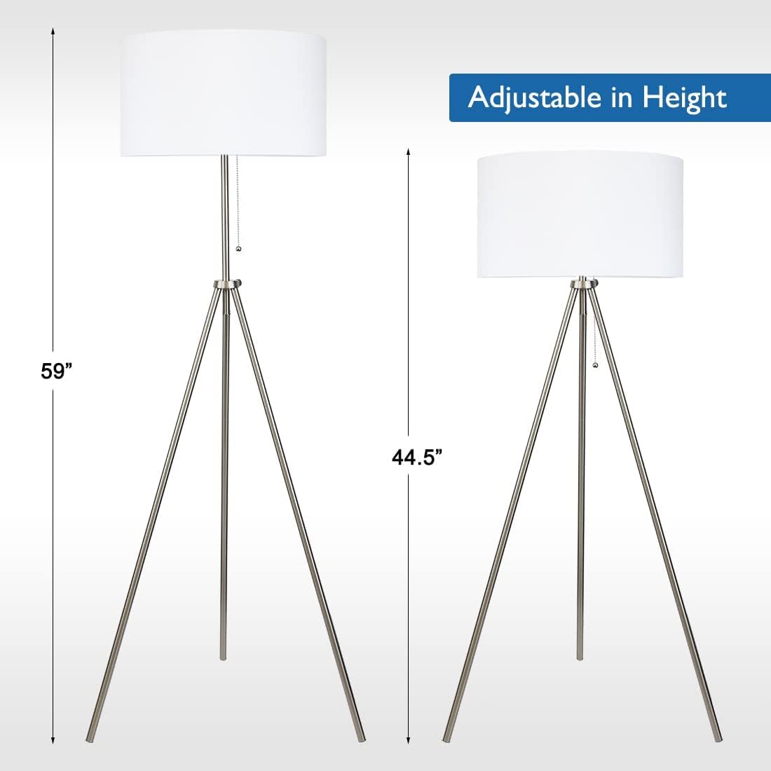 O’Bright Tripod Floor Lamp, Adjustable in Height, 100% Metal Body with Linen Drum Shade, E26 Socket, Bedside Lamp, Standing Light for Living Room, Bedroom, Office, Brushed Nickel