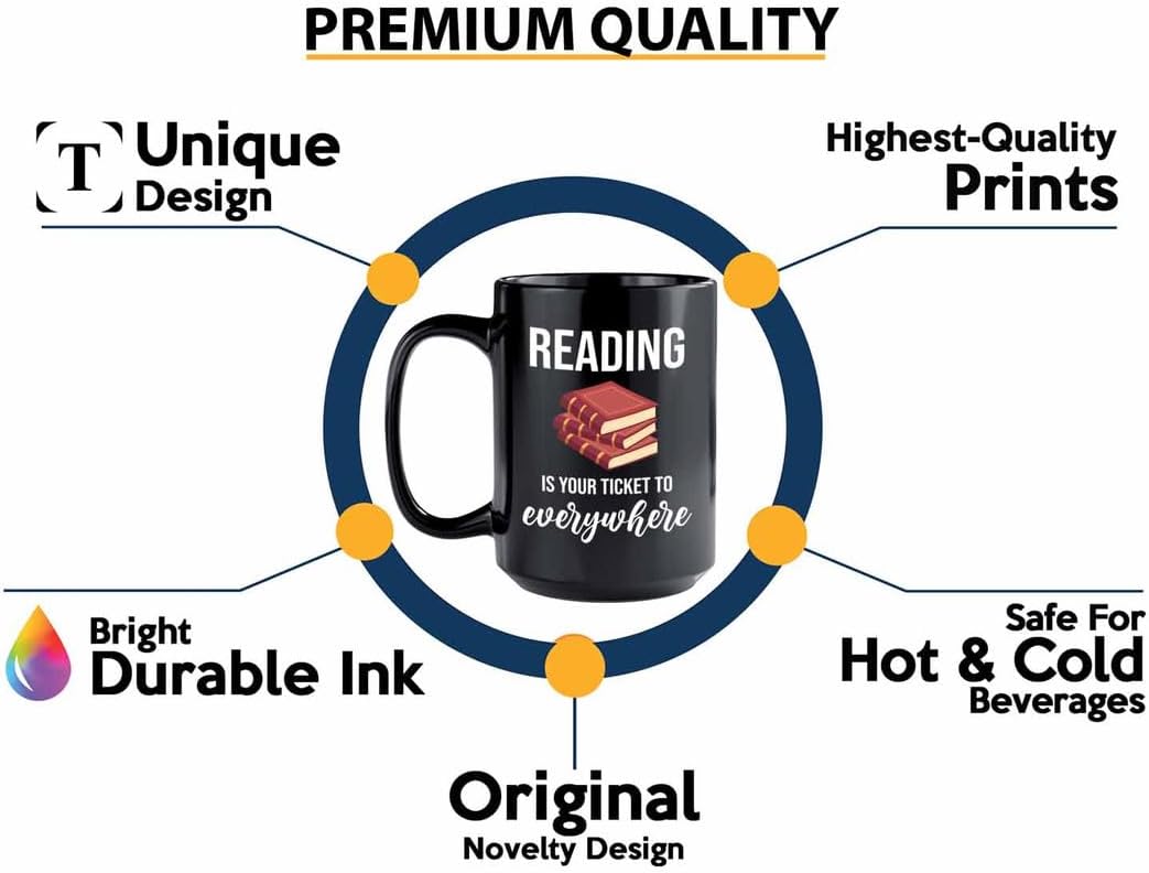 Bookish Coffee Mug 15oz Black -Reading ticket to everywhere - Novel enthusiast Book Club Librarian Book Lover Writer Reader Bibliophile