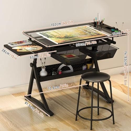 Drawing Tilting Tablet,(Glass Drafting Work Station with Stool, Art Craft Table, Adjustable Height(29.1"-36.6") & 0°-80° Tiltable Tabletop, Drawing Desk for Studio Home Office School)
