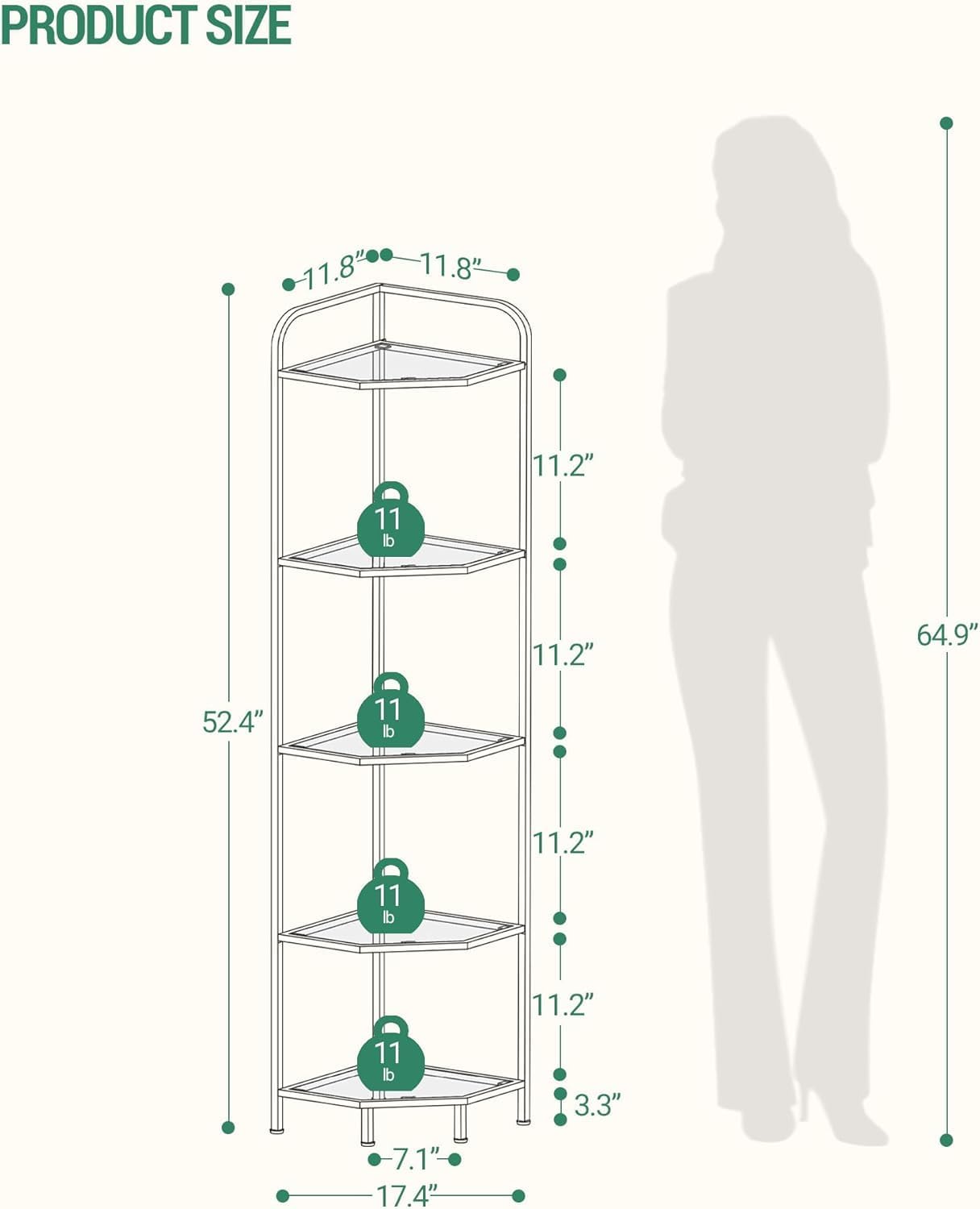 Corner Shelf Stand, 5-Tier Glass Bookshelf Bookcase, Bathroom Organizer, Plant Stand, Steel Frame, Tempered Glass, Modern Style for Living Room, Bathroom, Kitchen, Golden CS90200G