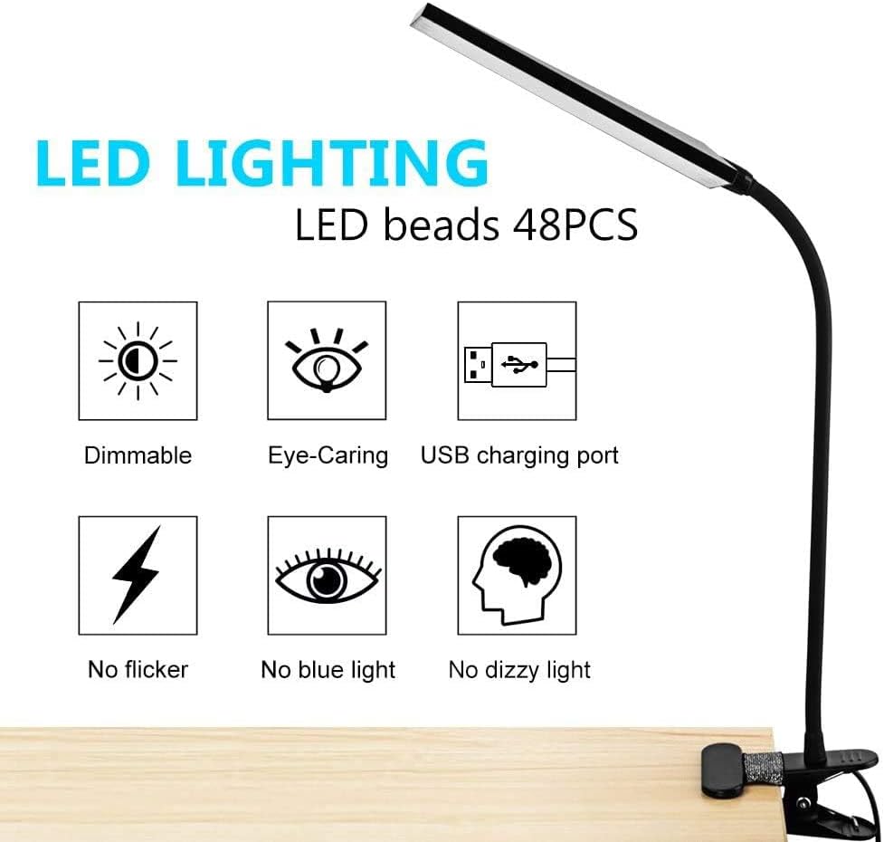 Clip on Desk Lamp LED Reading Light Dimmable USB Small Clamp Lamp with 3 Color Modes 10 Brightness, Adjustable Flexible Gooseneck Table Light for Bed Headboard, Nail, Home Office,Computer(Black)
