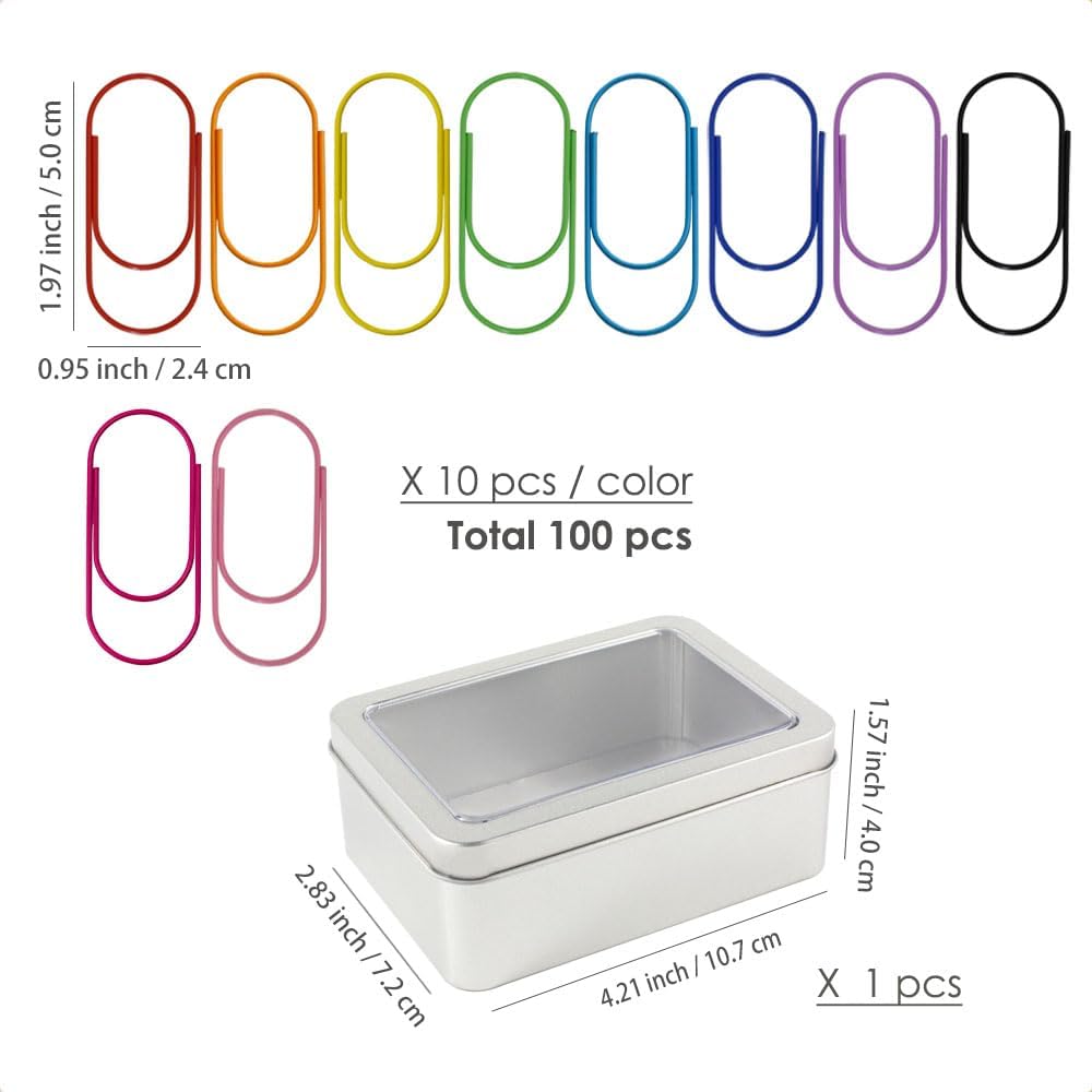 OWLFAVO 100pcs 2 inch Jumbo Paper Clips with Storage Box, 10 Colors, Funny Cute Paperclips Bookmarks Planner Clips for Fun Office Supplies School Gifts Wedding Decoration