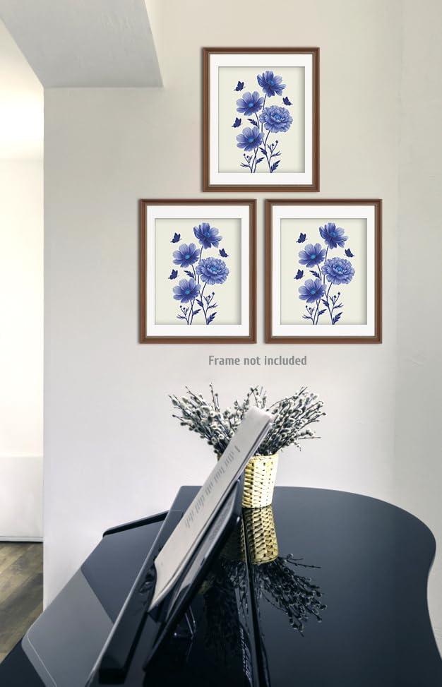 heshengzaixian Modern Flower Botanical Prints,Blue Cosmos Canvas Wall Art Picture, Minimalist Floral Poster Set, Chic Wildflower Artwork for Home Office, Gift for Woman,Set of 3 8x10in Unframed