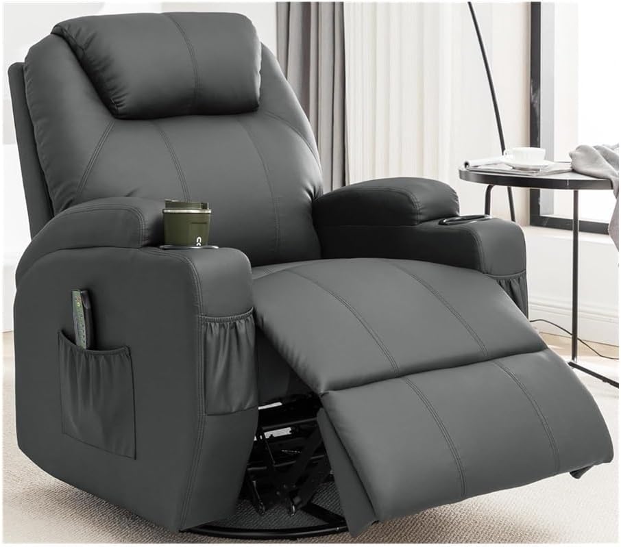 Lazy Power Recliner Chair for Adults with Heat and Massage, 360° Swivel Rocking Recliner with Remote Control and Cup Holder, Comfortable Seating for Home Theater