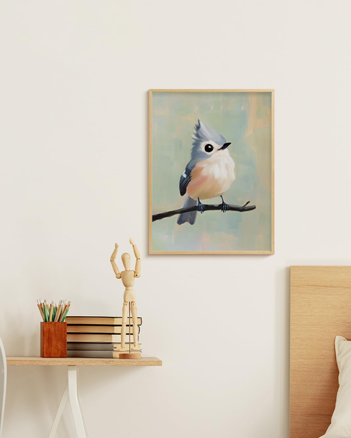 Cute Songbird on Branch Metal Framed Canvas Print Wall Art, 12x16 Bird Illustration with Soft Pastel Tones, Modern Animal Artwork Living Room Farmhouse Scandinavian Bedroom Nursery Office Decor