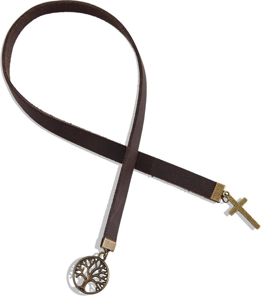 Donxote Handmade Long Leather Straps Bookmark, Tree of Life Bible Bookmarks with Retro Cross, Christian Saint Book Mark, Ideal Catholic Gift (Style 12)
