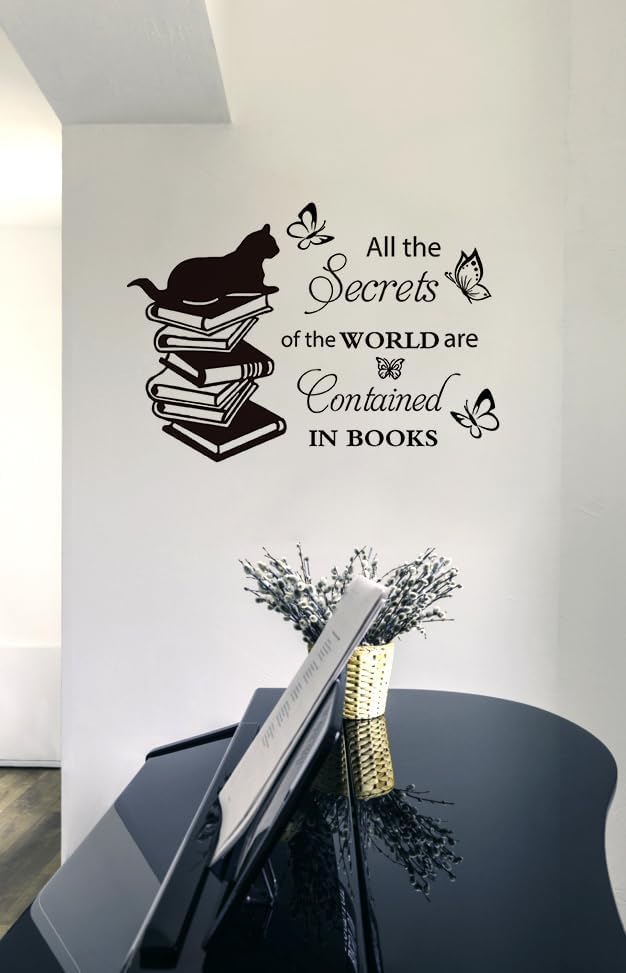 Reading Theme Wall Decal for Kid's Room , Cat Butterfly Books All the Secrets of World Inspirational Quotes Vinyl Removable Wall Stickers for Children Room Classroom Preschool