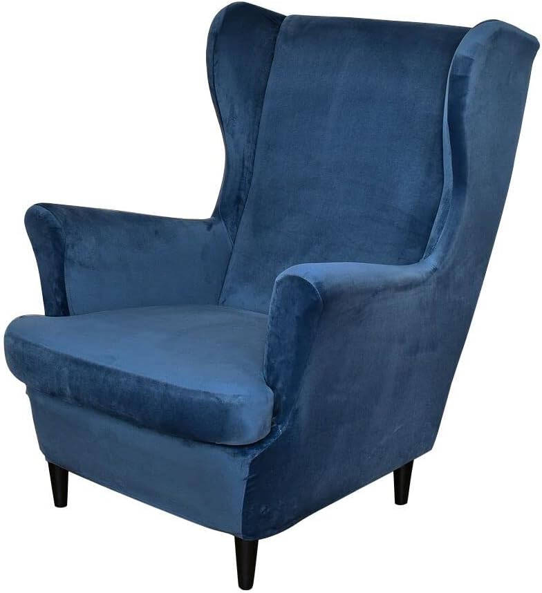 OBCREAT Wingback Chair Covers,2 Piece Stretch Velvet Wingback Chair Slipcover Soft Wing Chair Sofa Covers with Elastic Bottom,Armchair Couch Cover Furniture Protector for Living Room (Navy)