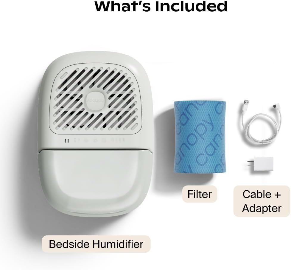 Canopy Bedside Humidifier 2.0, White, 36 HR Run Time, 2.5L Capacity - Reading Light & White Noise - Alleviate Symptoms of Allergies, Flu, Cold, Dry Skin - Humidifier, Filter, Power Cord & Adapter