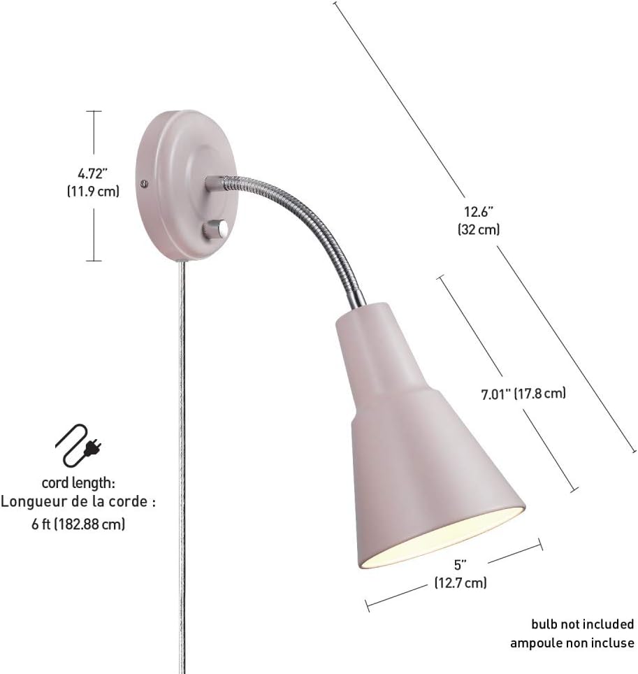 Globe Electric 13064 Sophie 1-Light Plug-in or Hardwire Wall Sconce, Chrome Gooseneck, Matte Rose, 6ft Clear Cord, Bulb Not Included