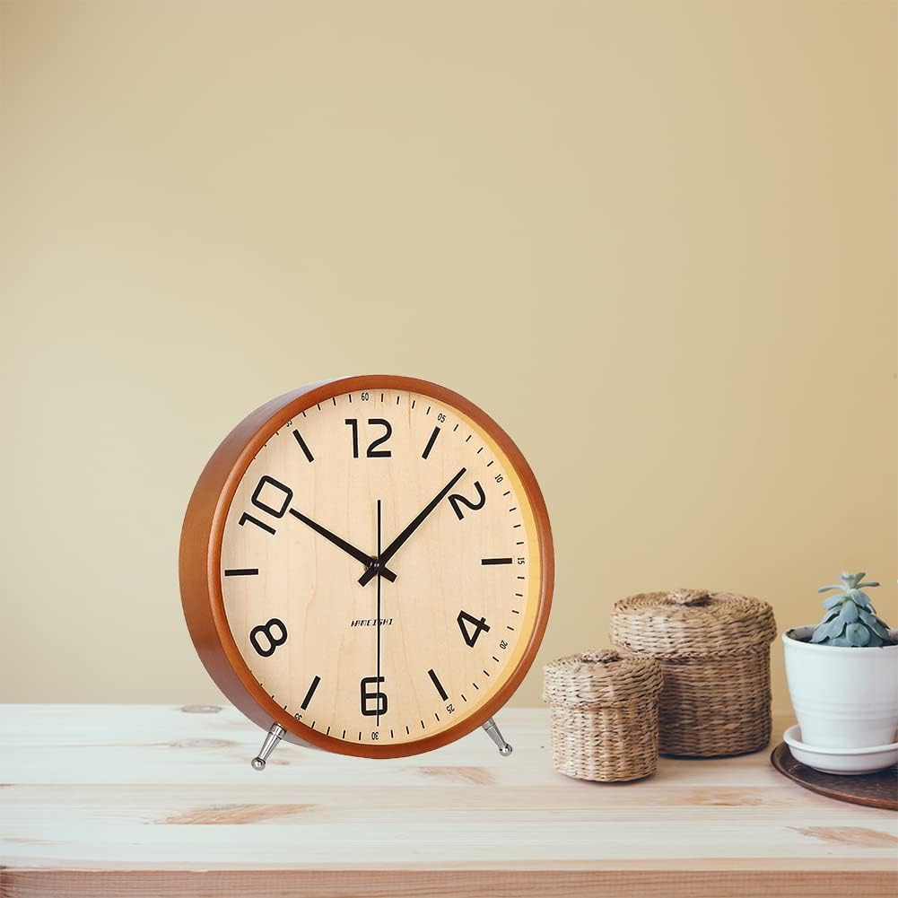 8 Inch Desk Clocks Wood Silent Non-Ticking Battery Operated Analog Table Clock Round Sweep Quartz Wall Clocks for Kids Living Room Bedroom Bedside Large Numerals Decor KSZ828 Brown