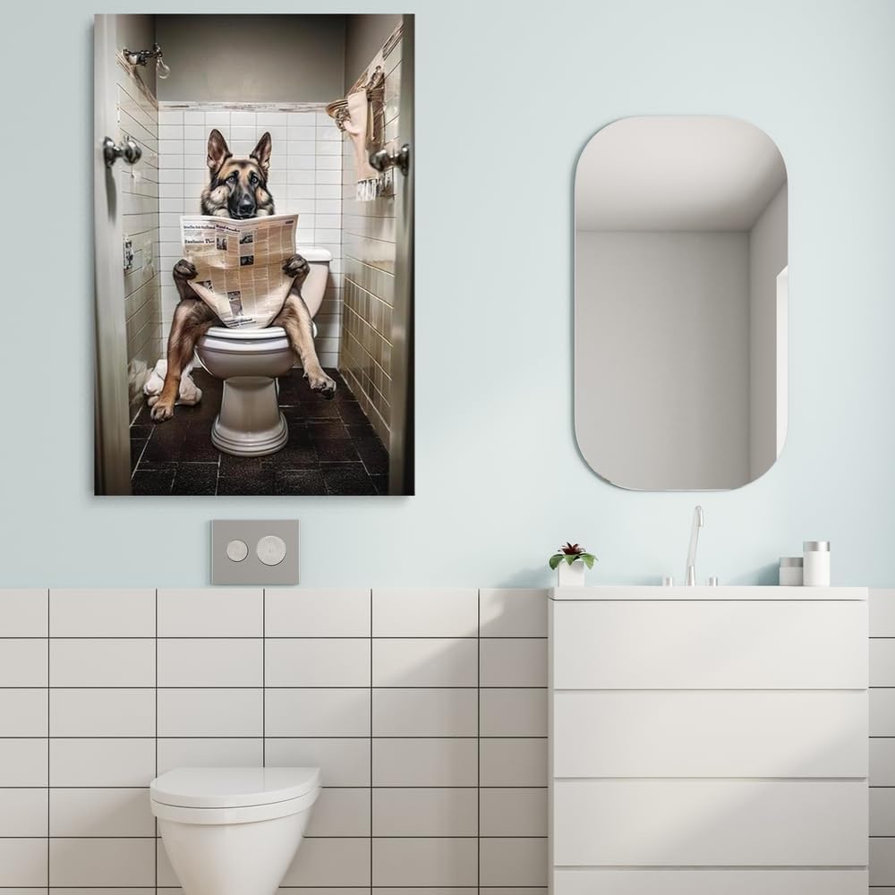 Funny Dog Bathroom Wall Decor German Shepherd Dog On Toilet Reading Newspaper Aesthetic Posters Cute Dog Art Prints Bathroom Art Bathroom Decor Bathroom Pictures Gift for Dog Lovers 16"x24"