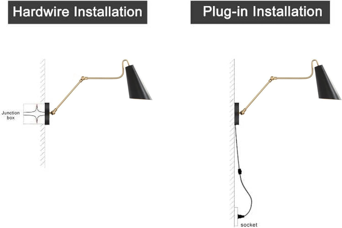 KSANA Modern Swing Arm Wall Lamp, Plug in or Hardwired Wall Sconces Lighting, Black and Gold Adjustable Light Fixture with On/Off Switch for Bedroom, Kitchen and Living Room