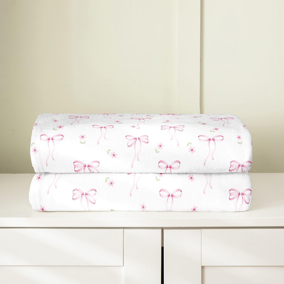 Feelyou Pink Bow Plush Throw Blanket Cute Floral Flannel Blanket Twin 60"x80" Princess Ribbon Bowknot All Season Coquette for Couch Bed Sofa Aesthetic Bedroom Decor
