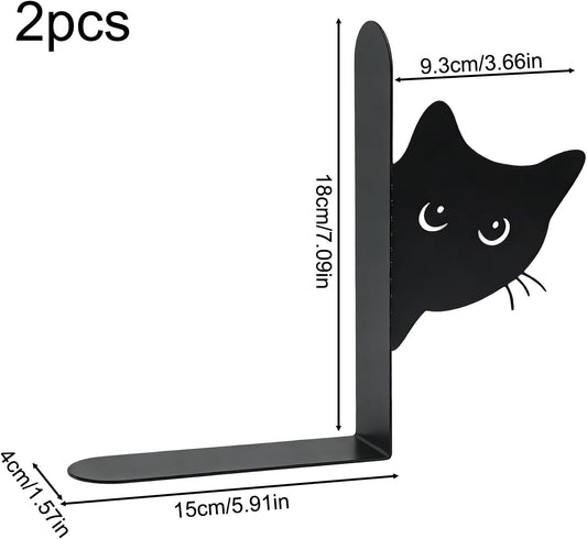 Cat Bookends - Metal Book Divider for Shelf Styling | Peeping Cat Decor Accent with Non-Slip Base Grip, Compact Upright Support & Artistic Silhouette Design for Kids Rooms, Home Offices, Desks and Lib