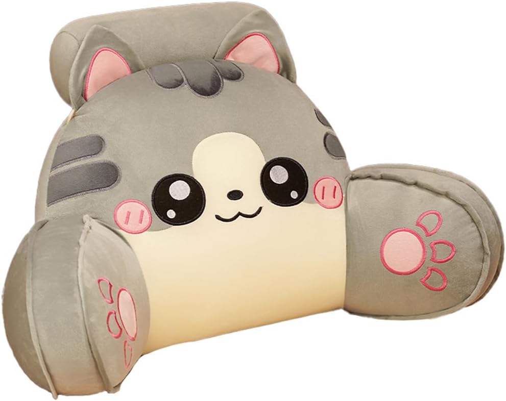 Cute Cat Bed Backrest Pillow with Arms Sofa Rest Reading Pillow Office Chair Lumbar Support Pillow with Neck Bolster (Gray, 70×50CM/27.56"×19.7"(for Bed))