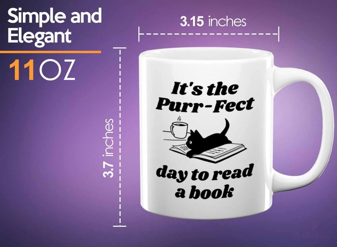 Reading Coffee Mug 11oz White - Purr-fect Day Read a Book - Reader Gift Bookworm Owl Lover Cat Lover Book Lover Novelist Librarian Writer