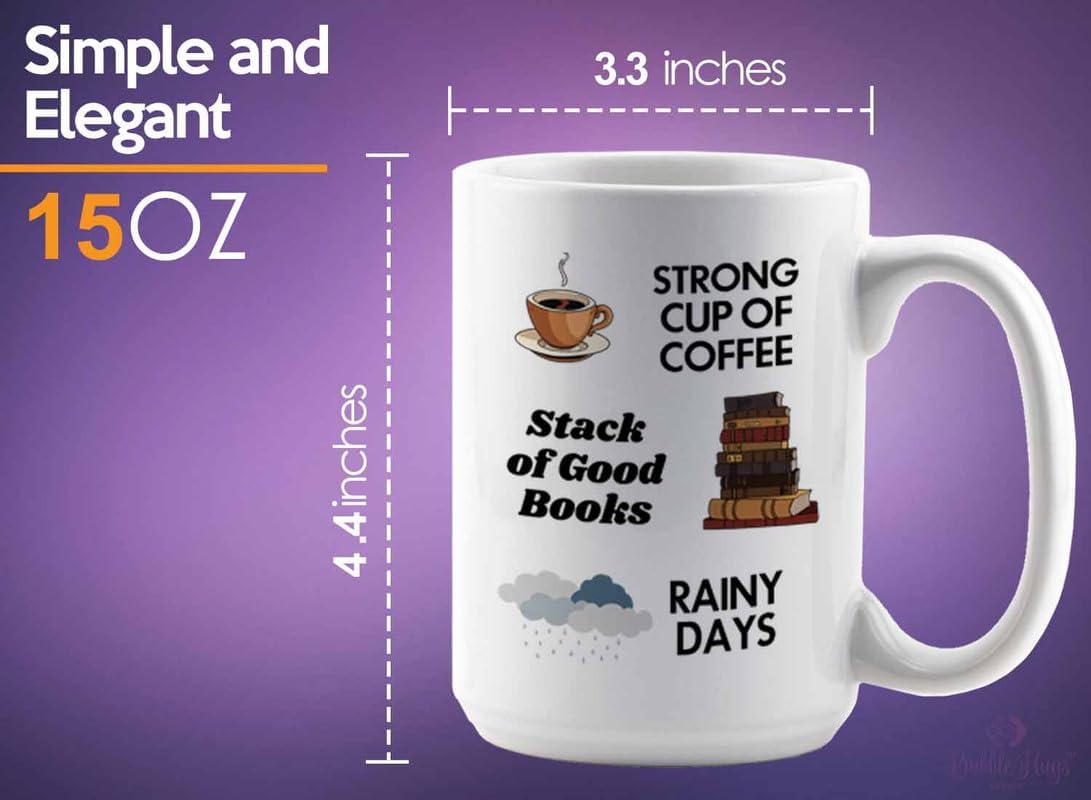 Reading Coffee Mug 15oz White - Coffee Book Rainy Days - Reader Gift Bookworm Owl Lover Cat Lover Book Lover Novelist Librarian Writer