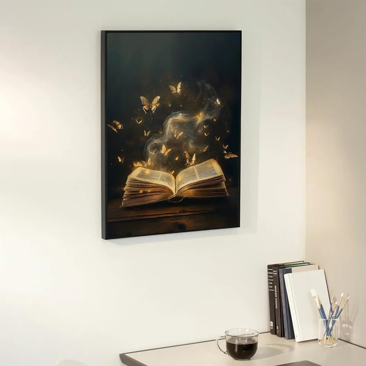 YOZWNGU Book Canvas Wall Art, Golden Butterflies and Open Book Aesthetic Poster, Dark Academia Library Reading Nook Print, Dark Romance Bookish Art Painting Gift for Read Lover 8x12in Unframed