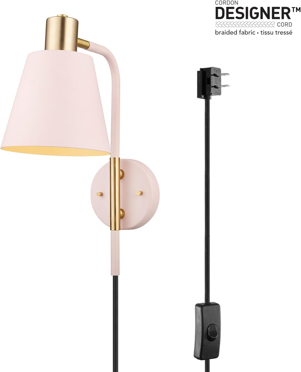 GLOBE Electric Cleo 1-Light Plug-in or Hardwire Wall Sconce, Blush Pink, Matte Brass Accents, Black Cloth Cord, Bulb Not Included