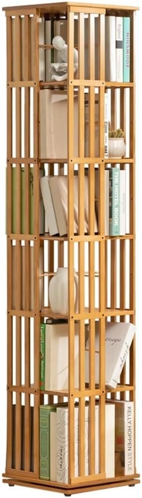 Rotating Bookshelf, 360 Degree Bamboo Bookcase, Floor Standing Wood Storage Display Rack for Living Room and Office, Freestanding Design, Versatile Narrow Storage Solution