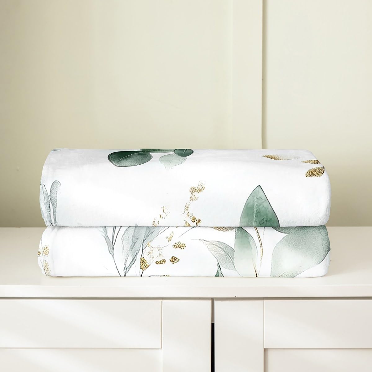 Erosebridal Sage Green Botanical Flannel Blanket Eucalyptus Golden Leaves Fuzzy Plush Throw Spring Watercolor Plants Fleece Blanket Rustic Farmhouse Nature Leaf for Sofa Bed Couch Queen 90x90