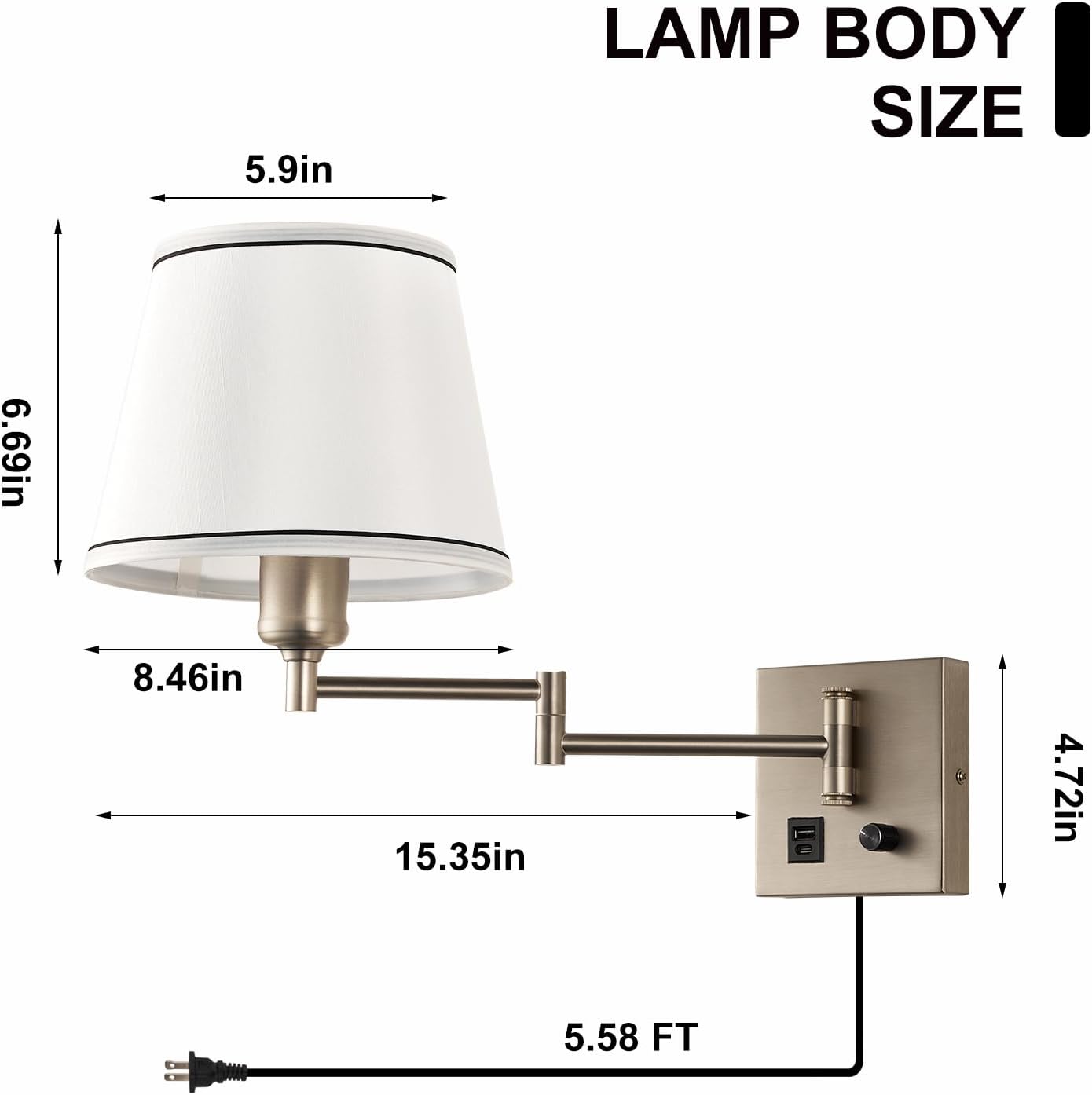 Swing Arm Wall Lamp with Type-C and USB Charging Port Wall Mounted Lamp with Dimmable Switch Plug in Wall Sconces White Fabric Shade Perfect for Bedside Living Room Reading Nook Office Satin Nickel