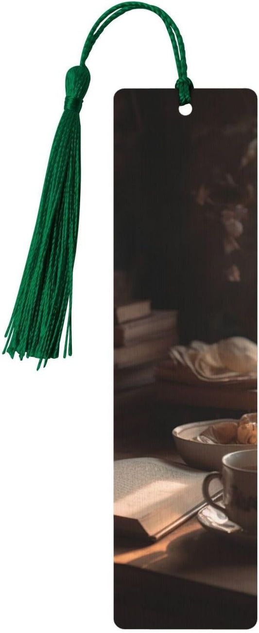 Drink Tea Bookmarks Gifts for Women Men, Wooden Bookmarks for Book Lovers, Vintage Book Marks Ornaments with Tassel, Unique Personalized Reading Page Markers Dark Green